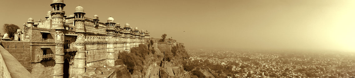 Historic fort overlooking the city skyline of Gwalior, India