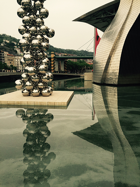 Decorative reflection pool with sculputure at Guggenheim Museum, Bilbao, Spain